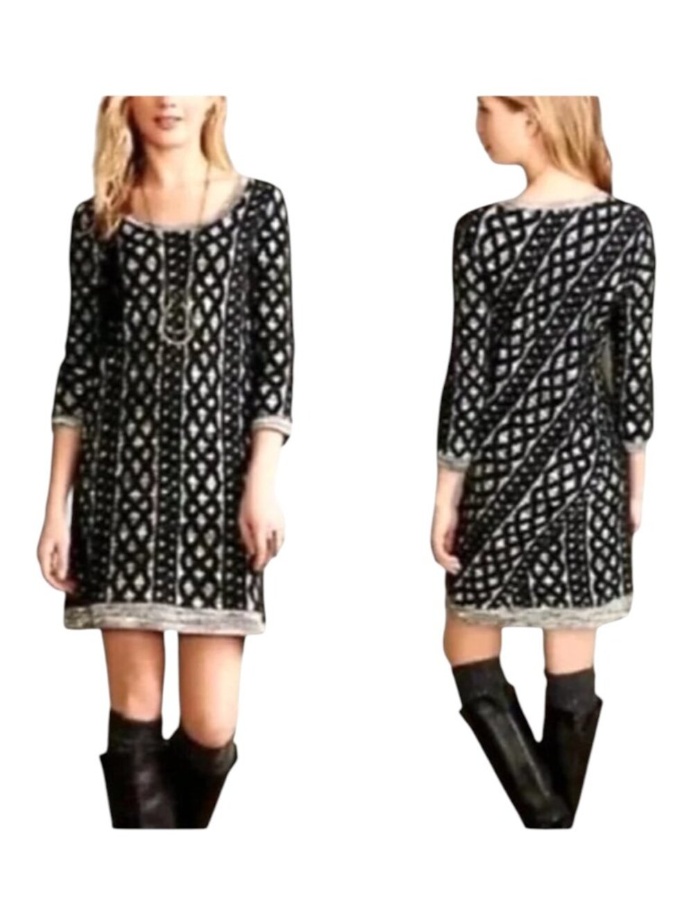 Moth Anthropologie Black And Ivory Textured Knit Long Sleeve Sweater‎ Dress S